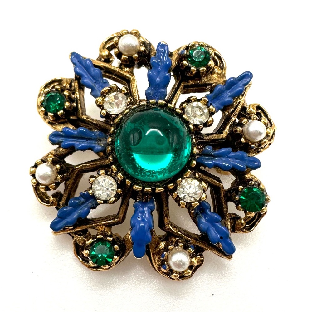 Vintage Rhinestone Faux Pearl Gold Tone Blue & Green Scatter Pin Small Brooch